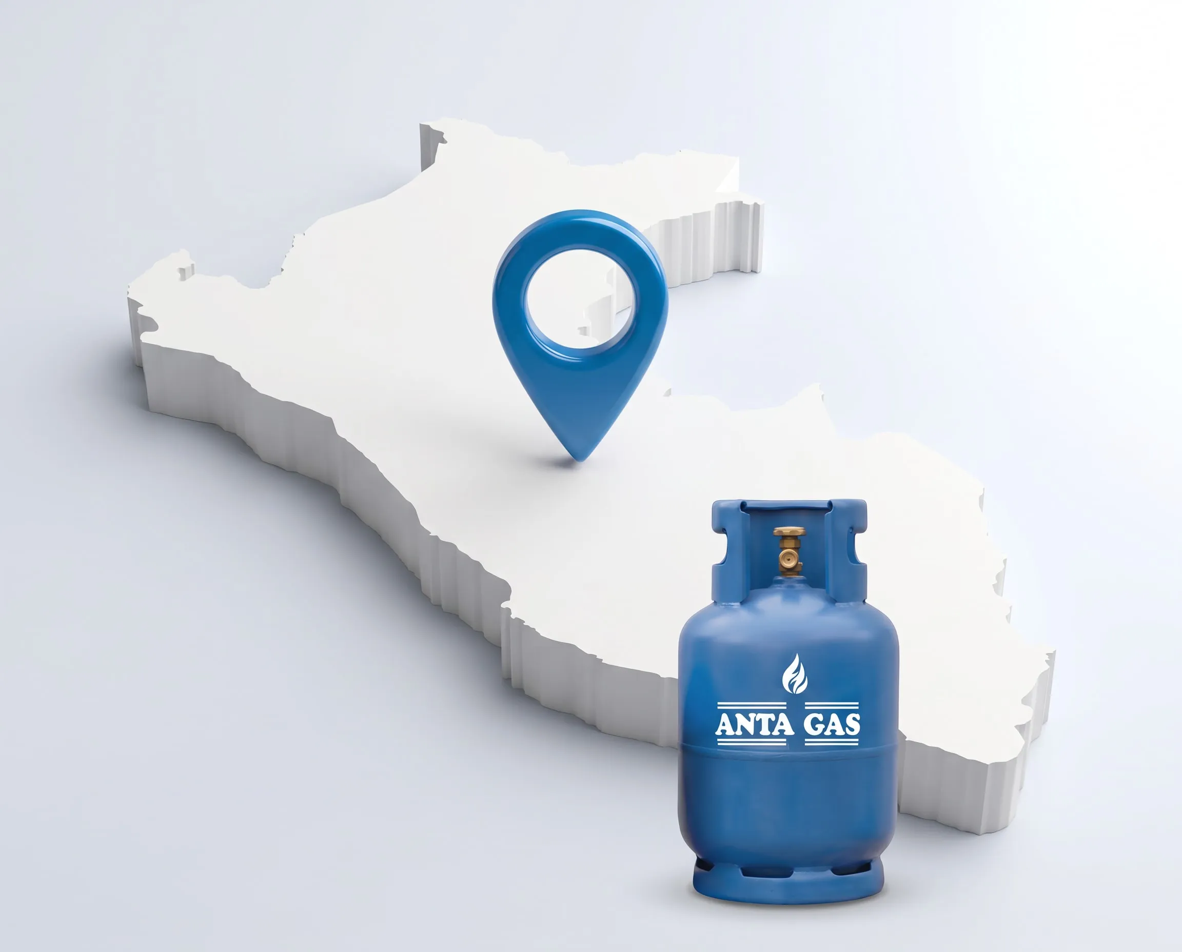 Mapa del Perú en relieve con un pin azul y un balón de gas Anta Gas