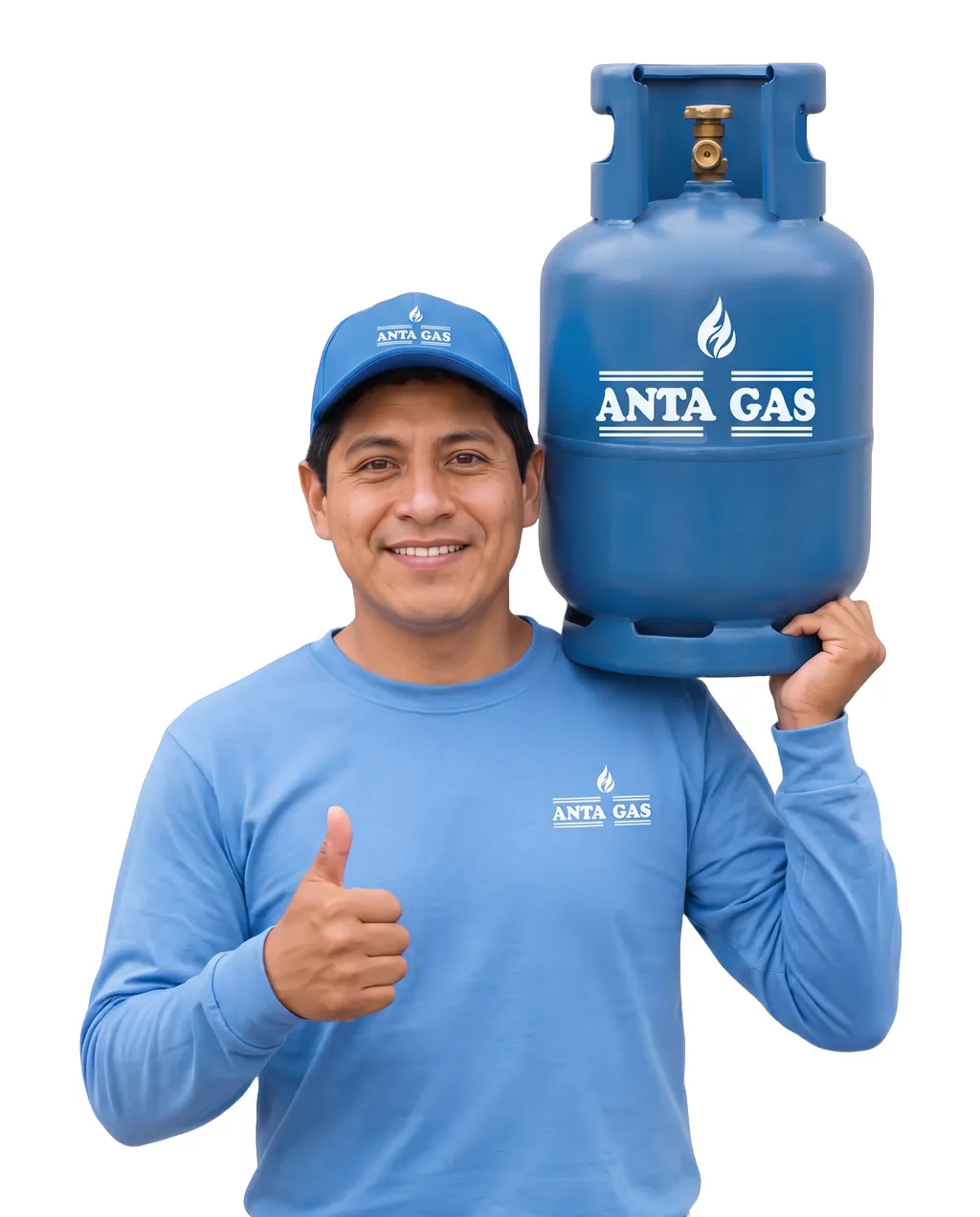 Repartidor de Anta Gas con uniforme celeste y gorra de la marca, cargando un balón al hombro y levantando el pulgar